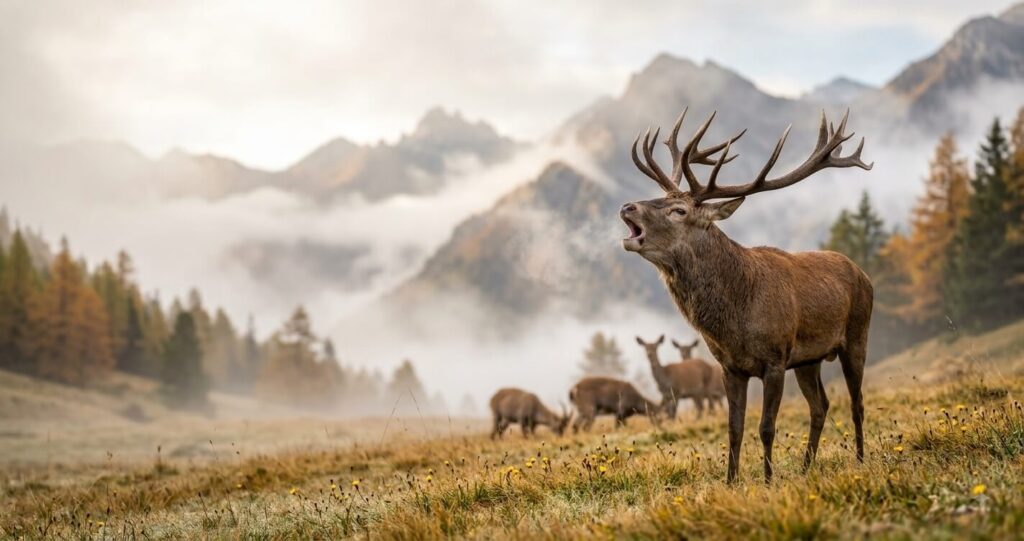 Cerf élaphe bramant dans un paysage de montagne enneigé